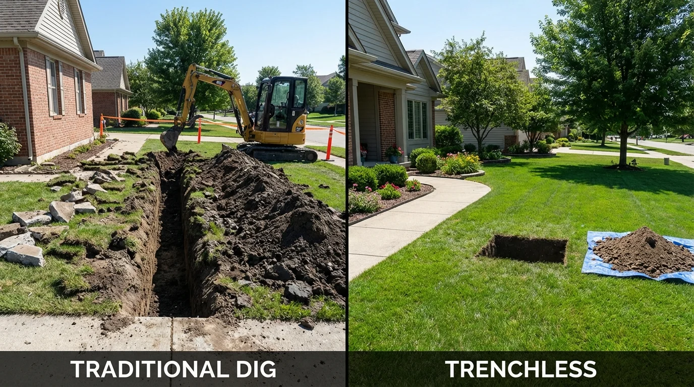 Trenchless sewer repair with minimal yard damage versus traditional excavation in Darien, IL