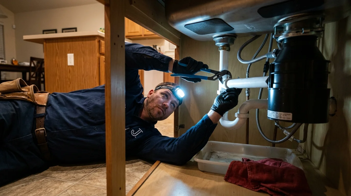 P-trap and supply line connections under a kitchen sink showing a common leak point in Darien, IL